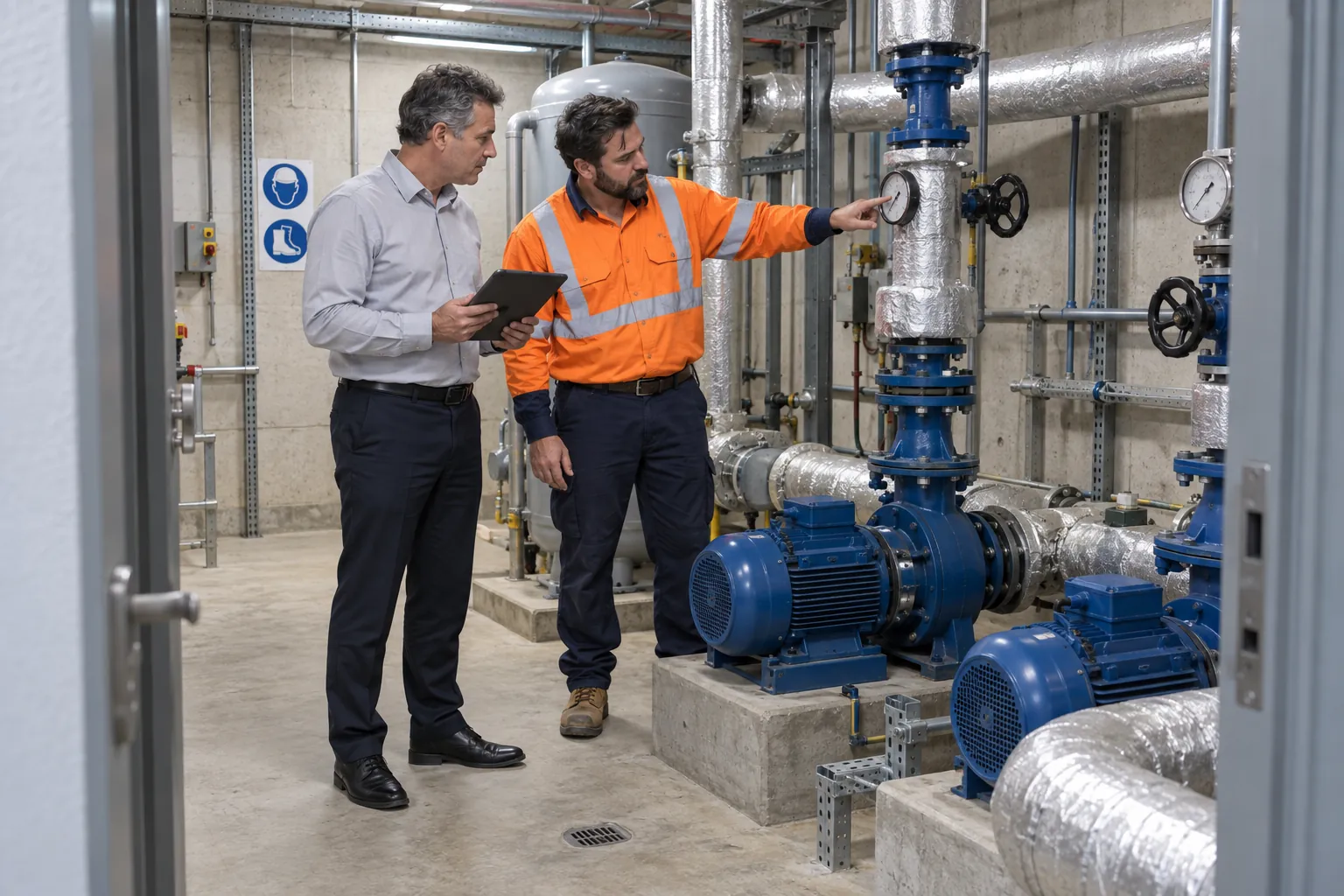 A building manager and a maintenance worker checking a gauge on water pumps in a basement pump room.