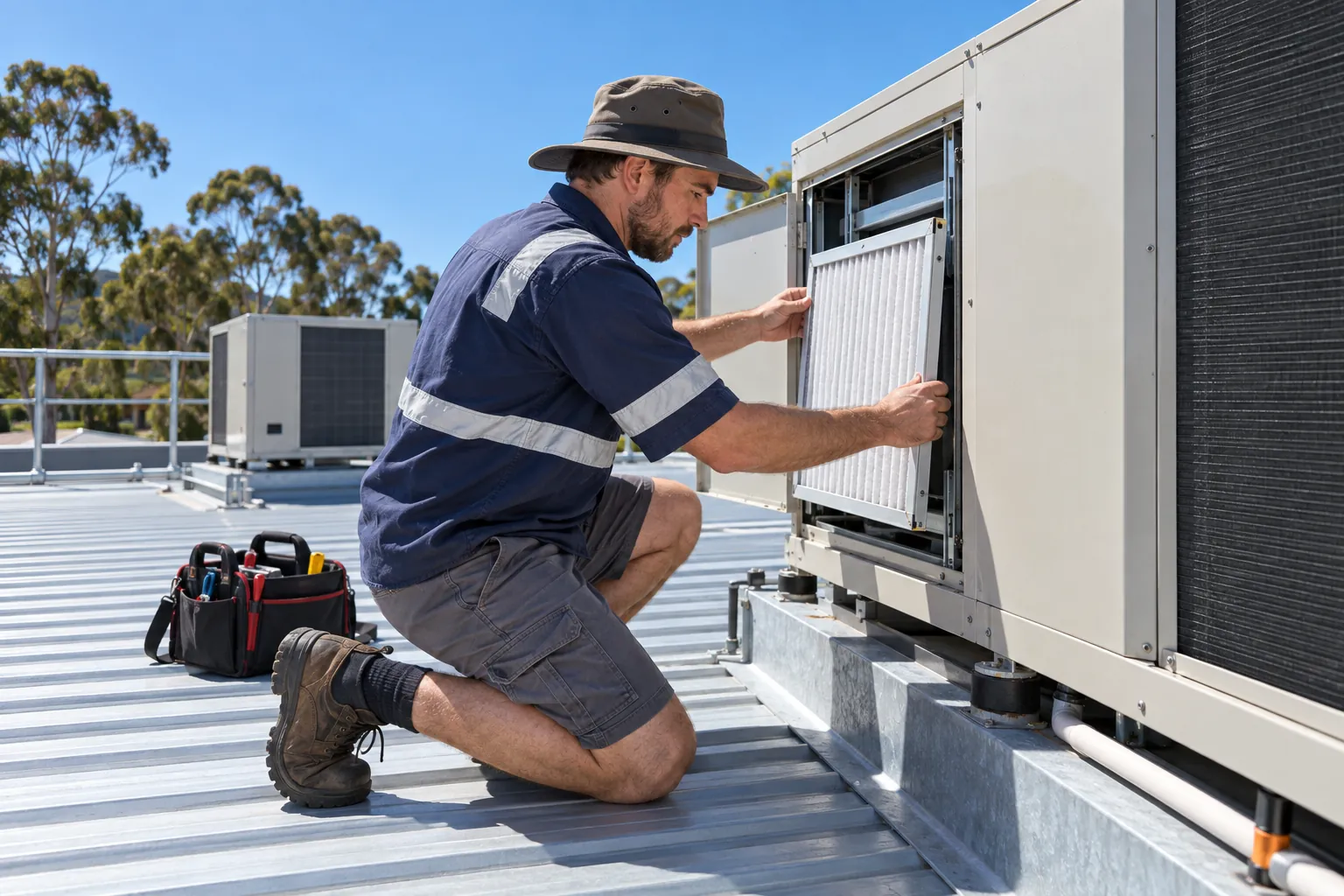 An air conditioning technician changing a filter in an open rooftop unit on a sunny office roof.