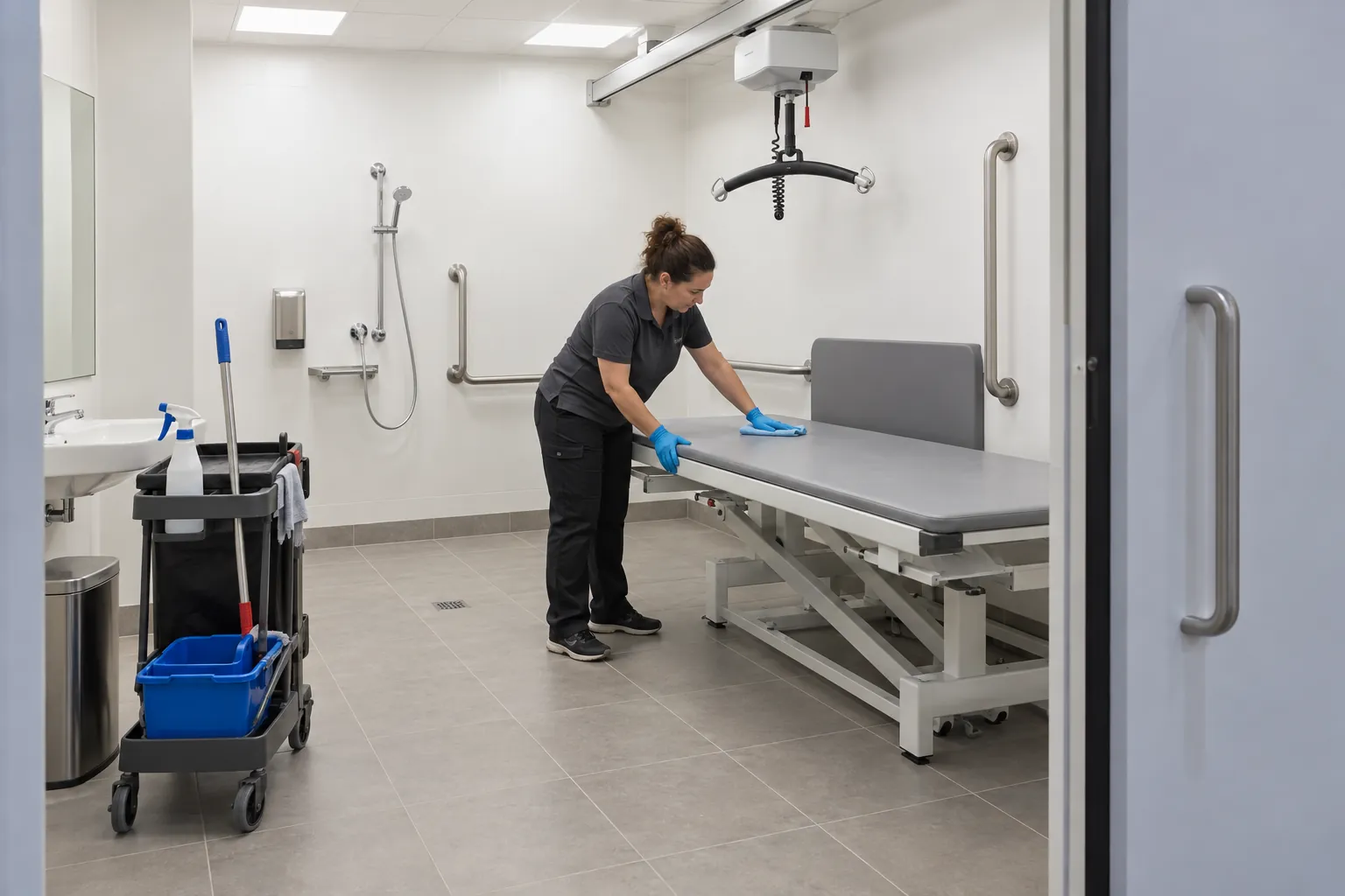 A cleaner wiping down the adult change bench beneath a ceiling hoist in a large accessible toilet, her trolley by the sliding door.