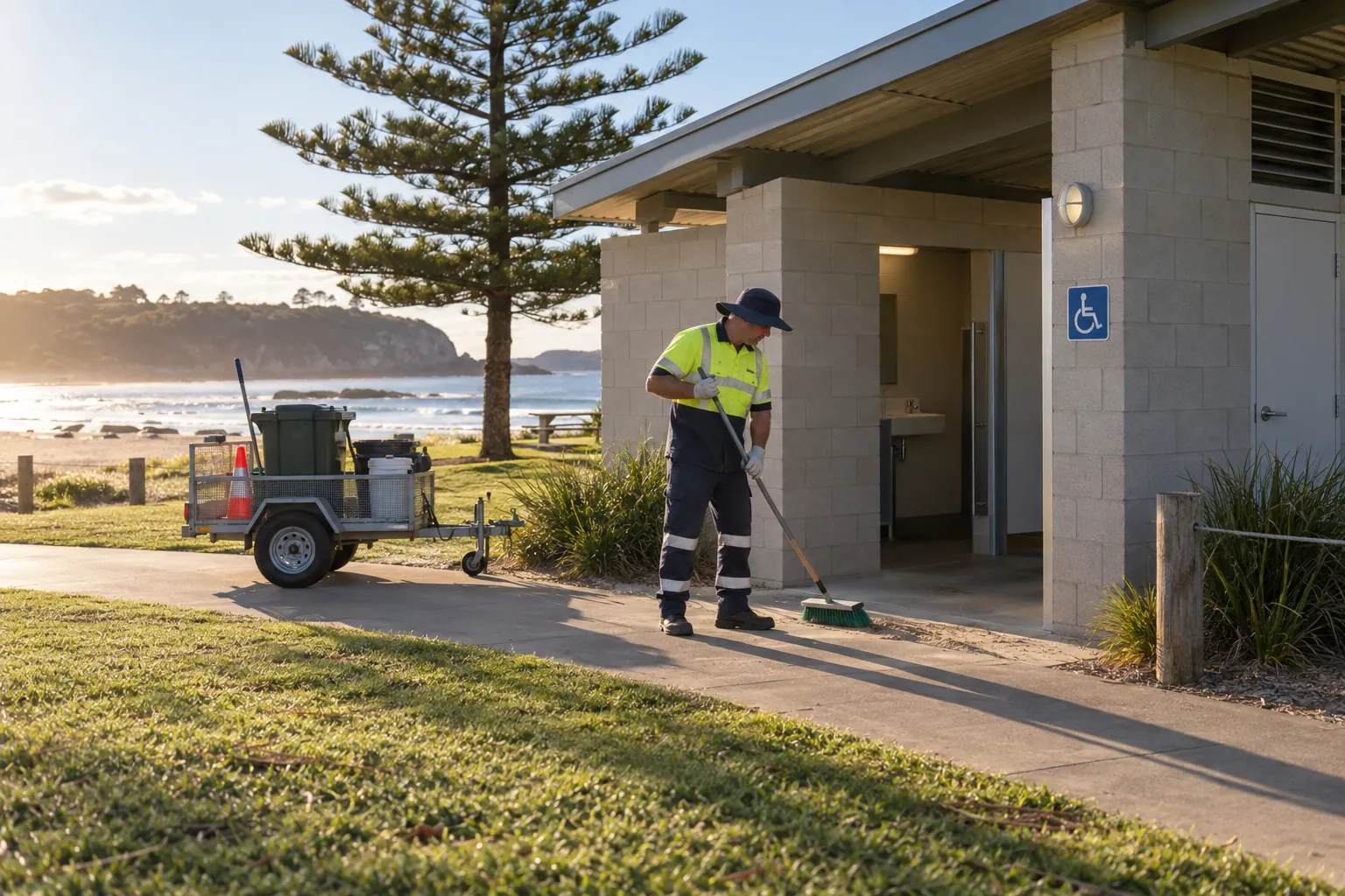 A council cleaner in a hi-vis shirt and hat sweeping the entrance of a foreshore toilet block at sunrise, with a trailer of cleaning gear on the path beside him.