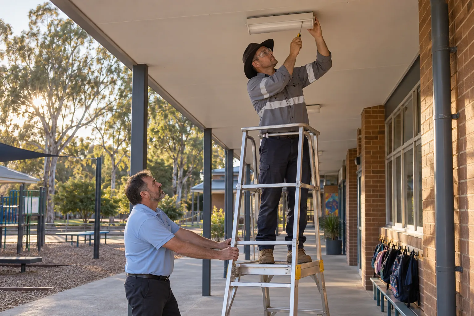 An electrician on a ladder replacing a light under a school verandah as a building manager steadies the ladder.