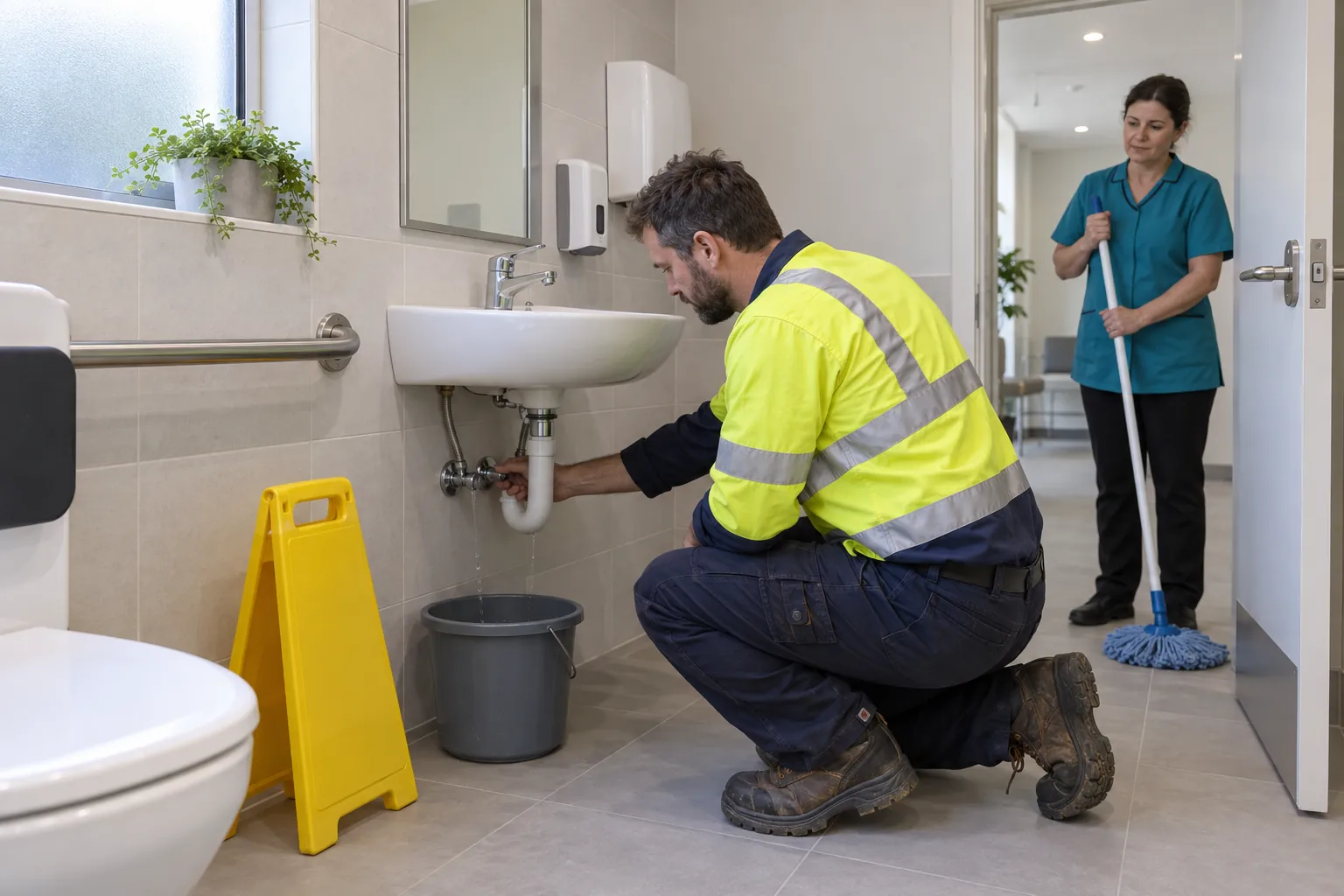 A plumber turning off the valve under a leaking basin while a cleaner waits at the washroom door.