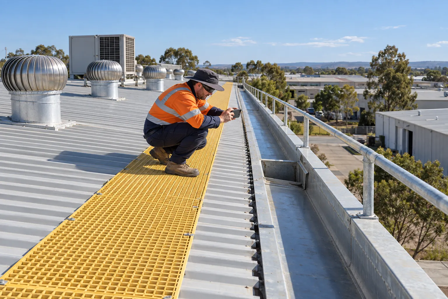 A technician in a hi-vis shirt and wide-brimmed hat crouching on a roof walkway to photograph a box gutter sump on a warehouse roof.