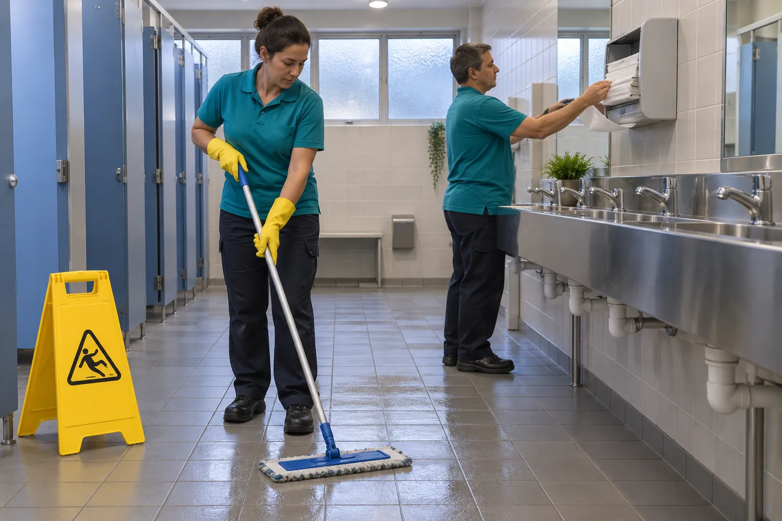 Two cleaners in a school toilet block, one mopping the tiled floor beside a wet-floor sign and one refilling a paper towel dispenser above the basins.