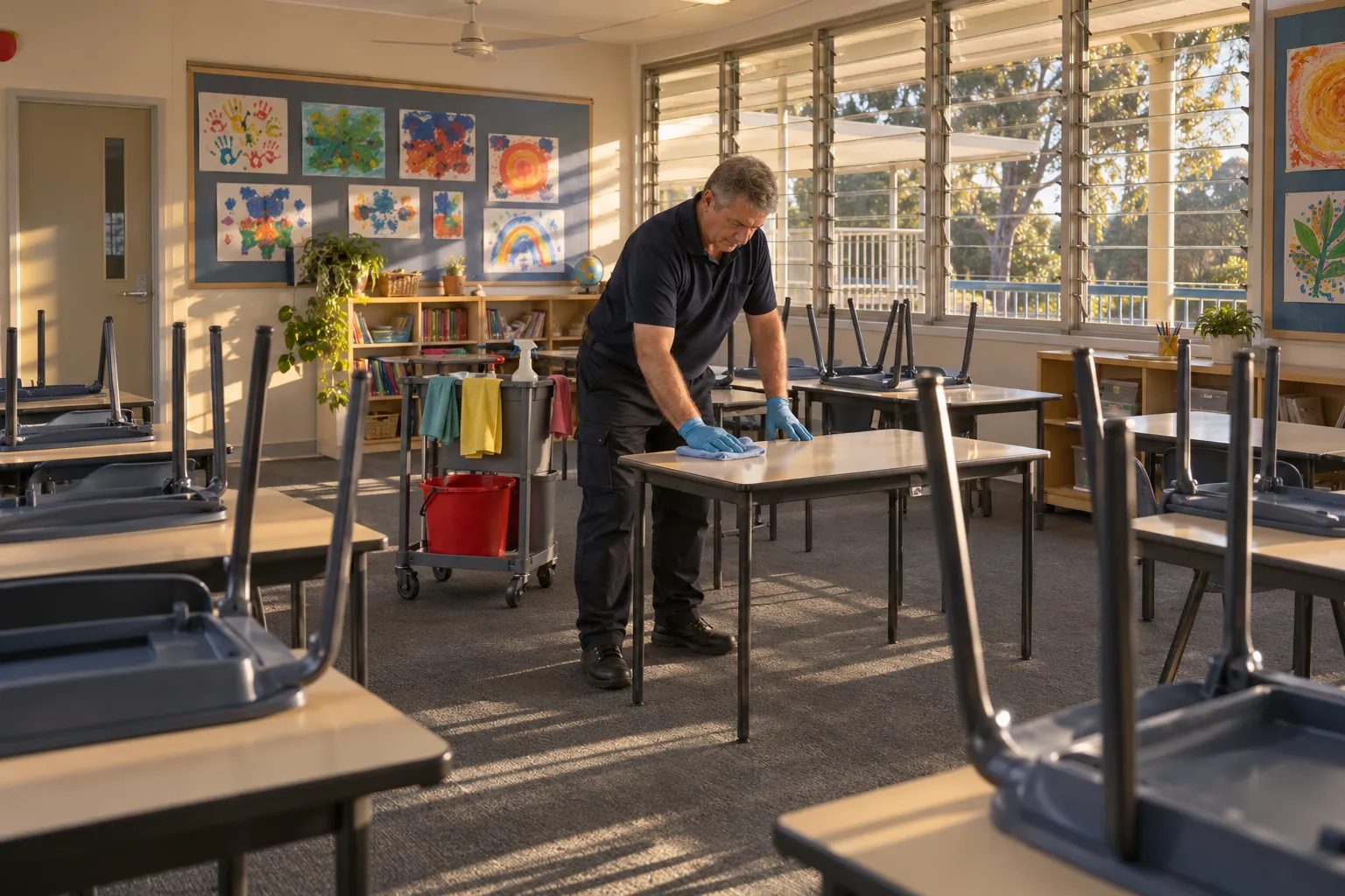 A cleaner in blue gloves wiping student desks in an empty primary classroom in late-afternoon sun, chairs stacked on the desks and a cleaning trolley beside him.