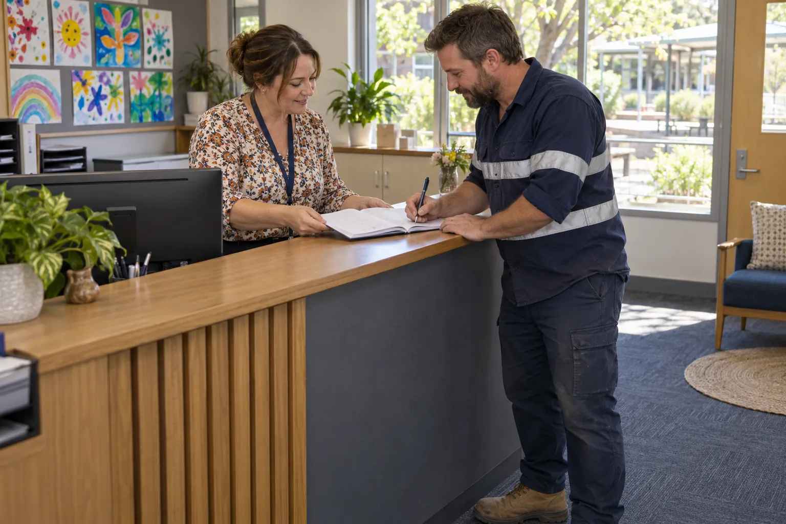 A school business manager at the front office counter as a tradesperson in a work shirt signs in to an open visitor book.