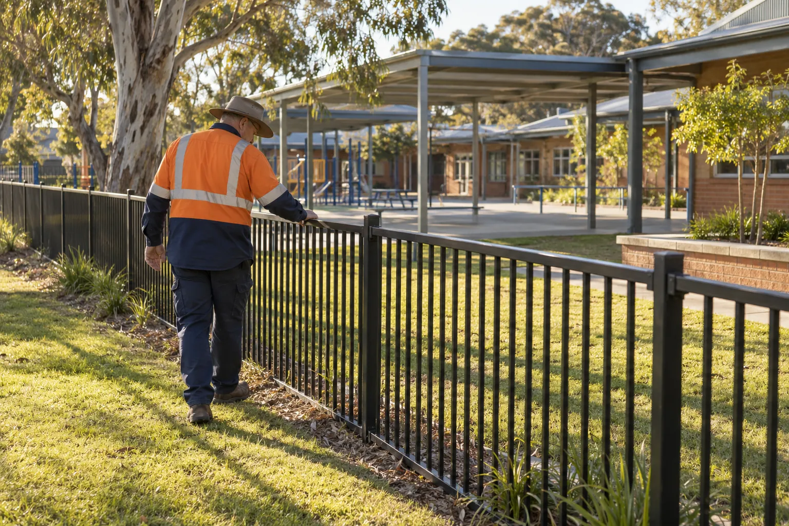 A school groundsperson in a hi-vis shirt and wide-brimmed hat checking the base of a steel perimeter fence beside a brick classroom block in late-afternoon sun.