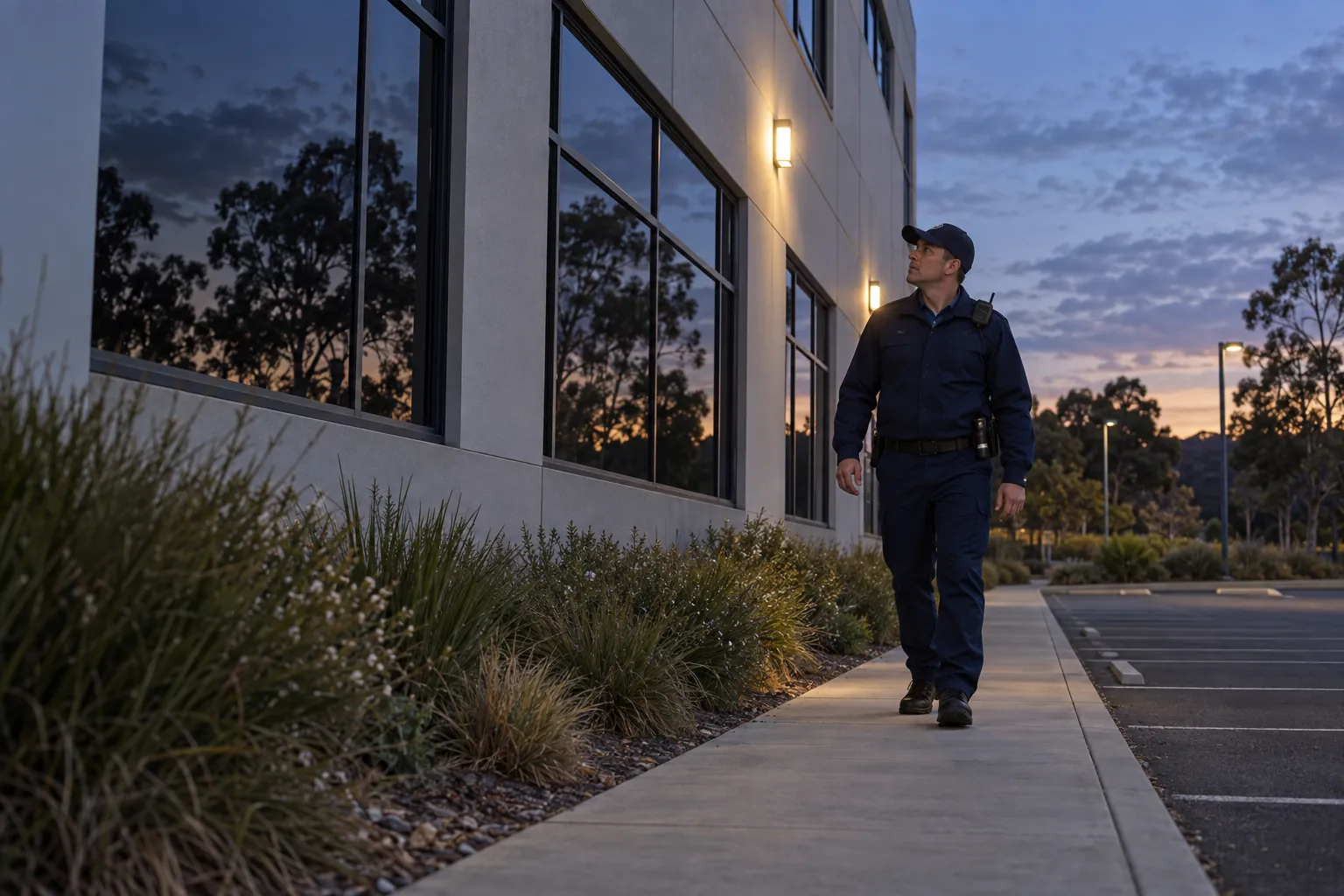 A security guard on a lock-up round at dusk checking the ground-floor windows of an office building.
