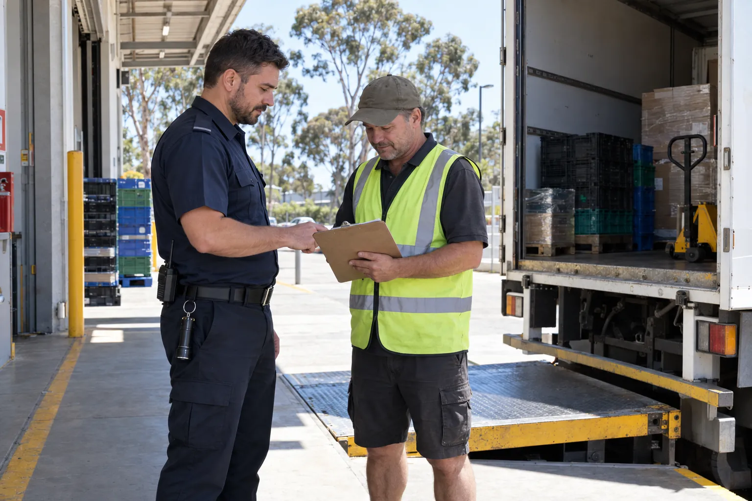 A security guard checking a delivery driver's paperwork at a shopping centre loading dock.