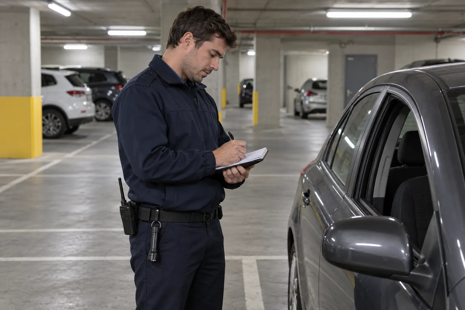 A security officer in a basement car park writing a note beside a car left with its window down.