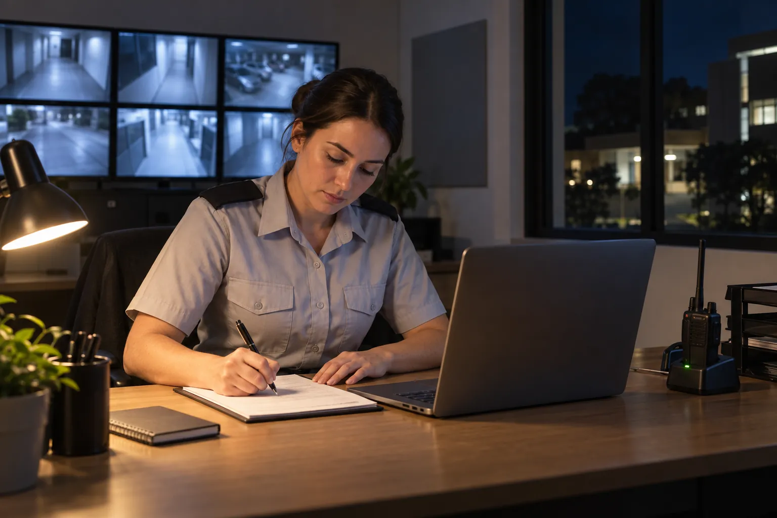 A security officer writing a report at a desk in a campus security office at night, with camera monitors behind her.