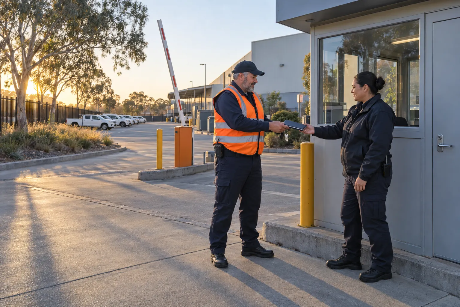 Two security officers handing over a log book and keys beside a boom gate at sunrise.