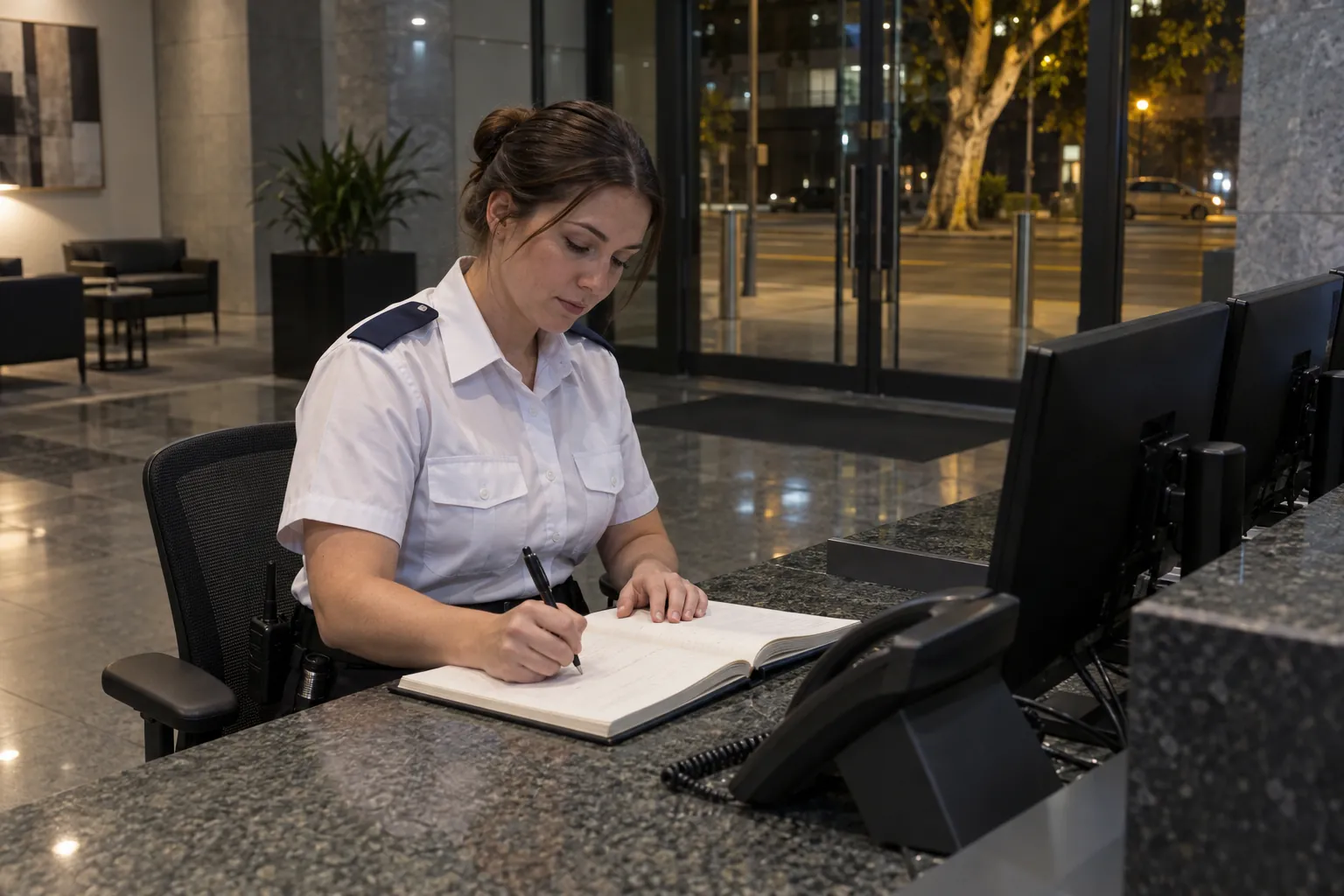A security officer writing in a log book at the security desk of an office tower foyer at night.