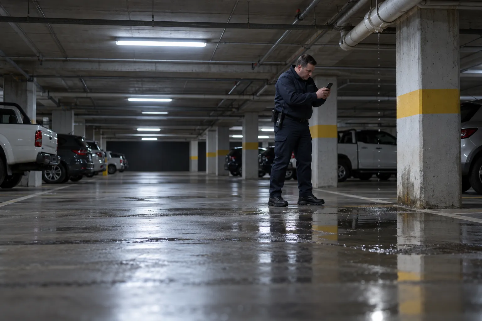 A security officer on night patrol in a shopping centre car park photographing a puddle under a dripping pipe.