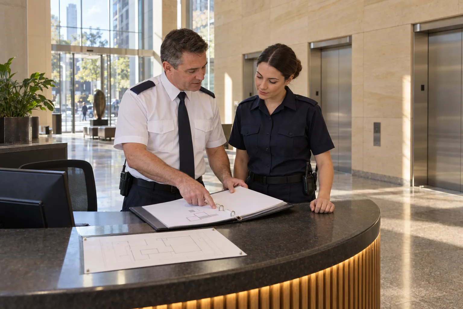 A security supervisor going through a binder of site instructions with a new officer at an office tower's reception desk.