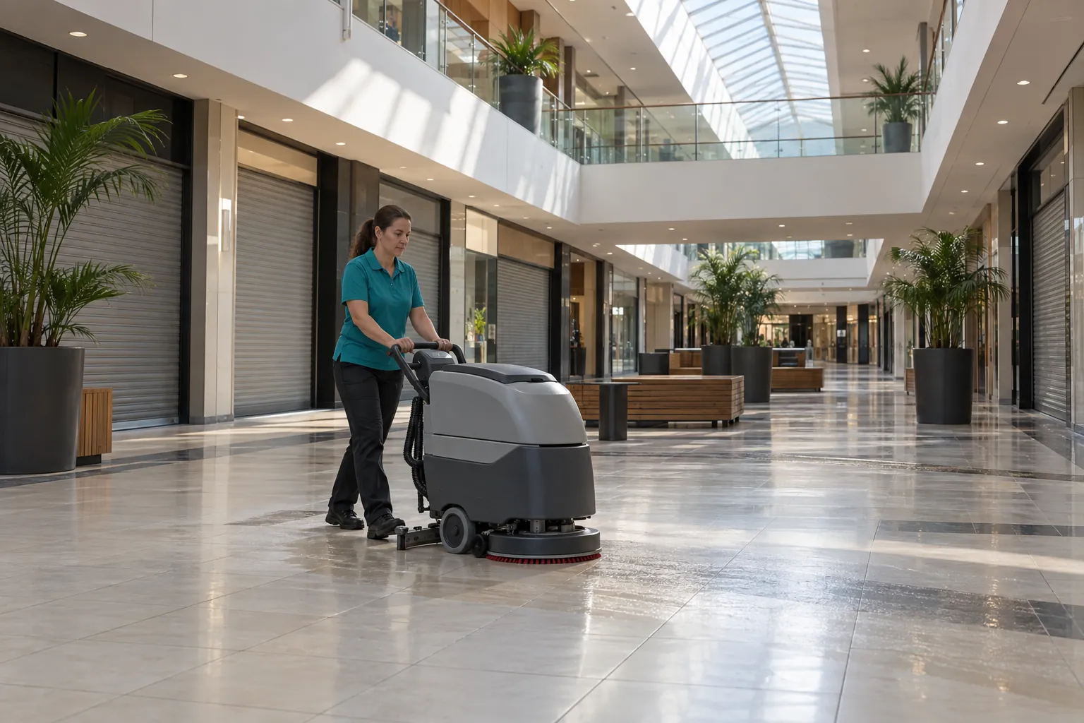 A cleaner walking behind a scrubber-dryer across an empty shopping centre mall under a skylight before opening.