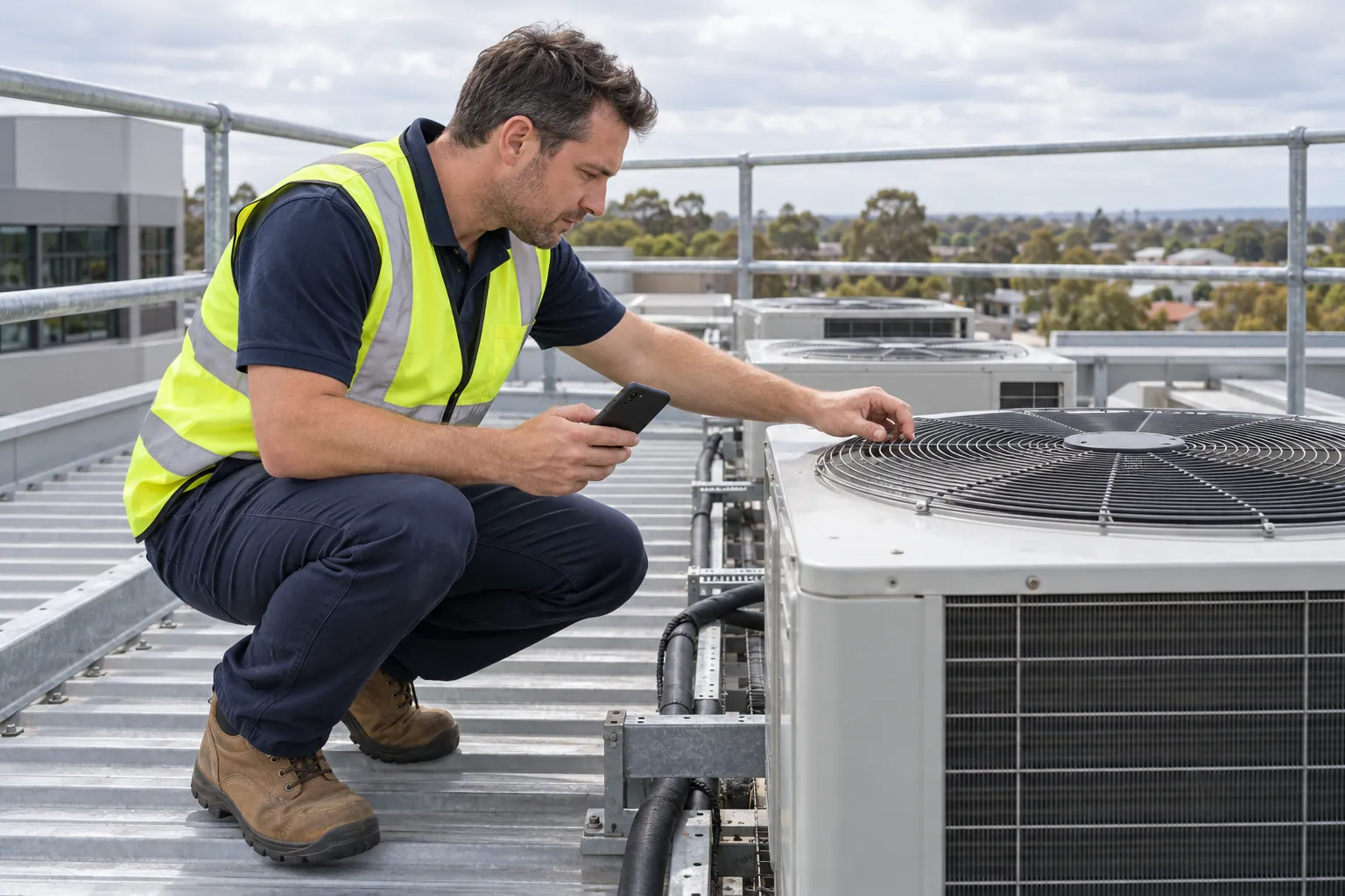 A facilities coordinator checking the fan guard on a rooftop air-conditioning condenser.
