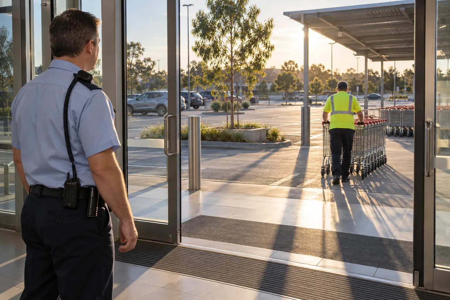 A security officer at a shopping centre entrance before opening, watching trolleys brought in from the car park.