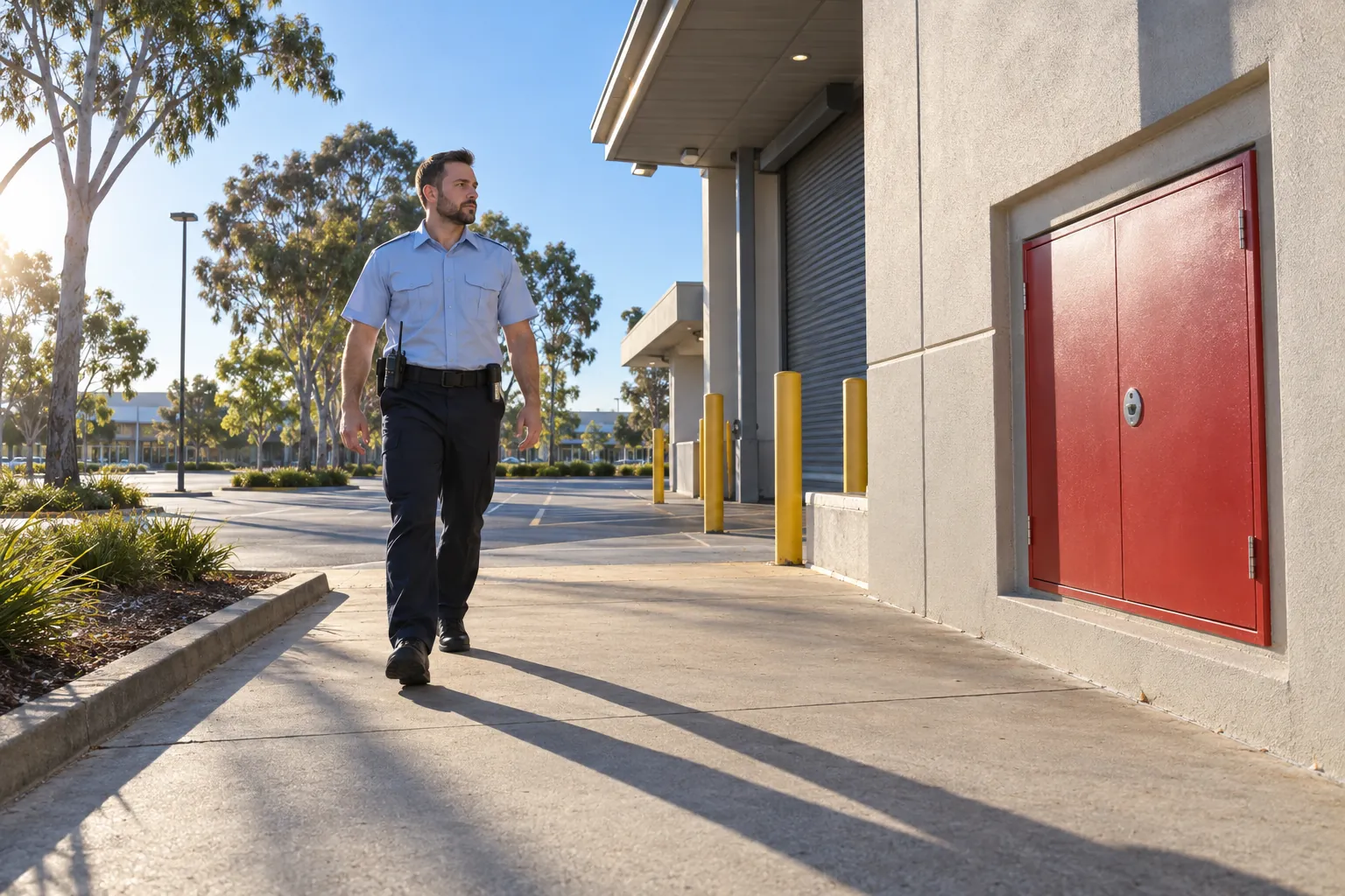 A security officer walking past a red fire brigade booster cabinet outside a shopping centre in morning sun.