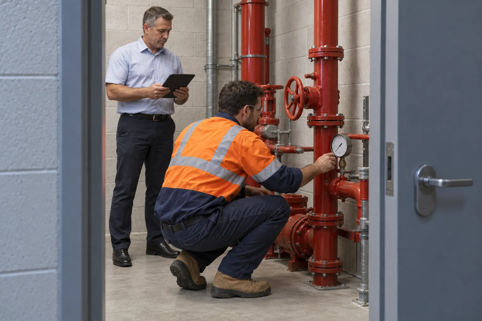 A fire services technician reading a gauge on a red sprinkler valve set while a building manager looks on.