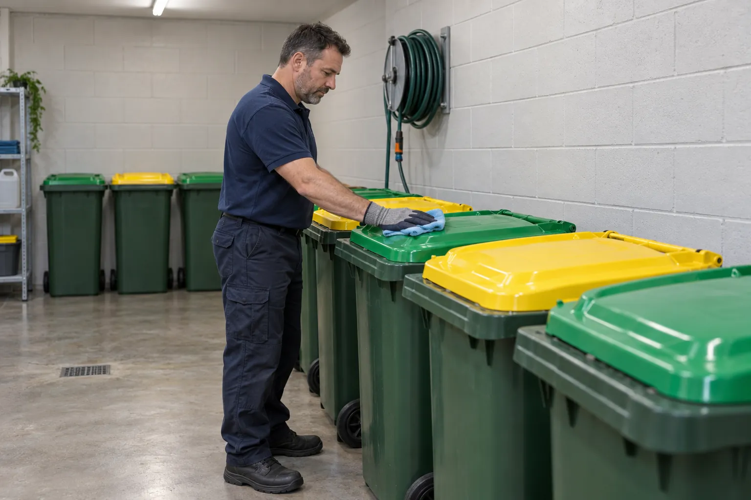 A cleaner in gloves wiping the lids of a row of wheelie bins in a concrete bin room.