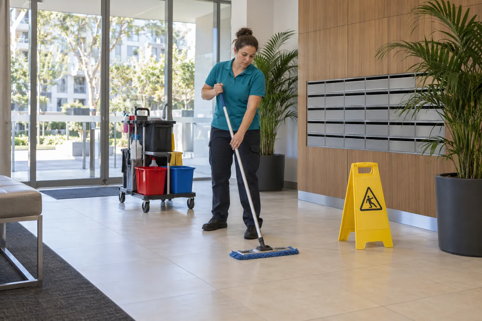 A cleaner mopping the tiled foyer of an apartment building beside a wet-floor sign and a cleaning trolley.