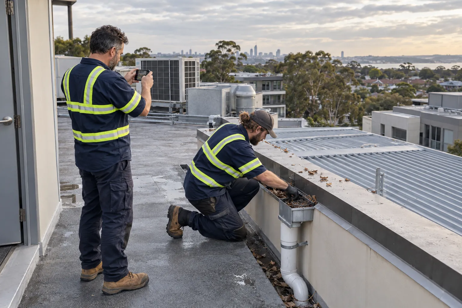 Two contractors clearing and inspecting a gutter outlet on the roof of an apartment building.