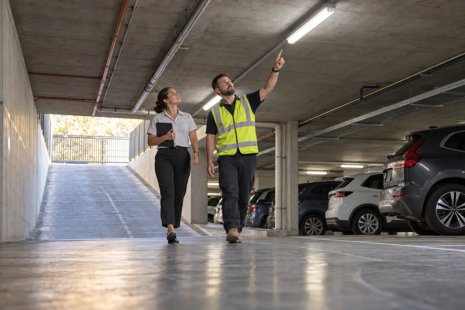 A strata manager and a building manager looking at a light fitting in an apartment building's basement car park.