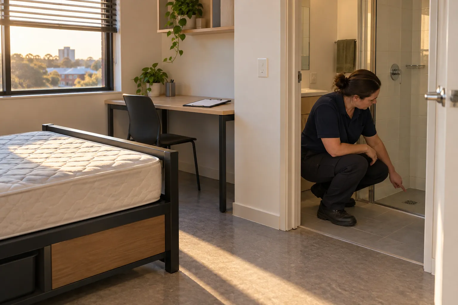 A housekeeping supervisor crouching at the ensuite doorway of an empty student studio to check the shower at the end of semester.
