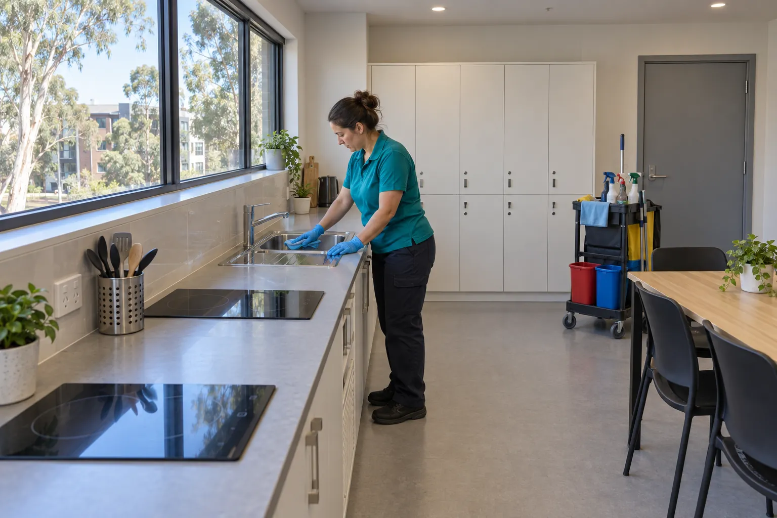 A cleaner in gloves wiping a stainless sink in a student residence's shared kitchen, her cleaning trolley parked by the door.