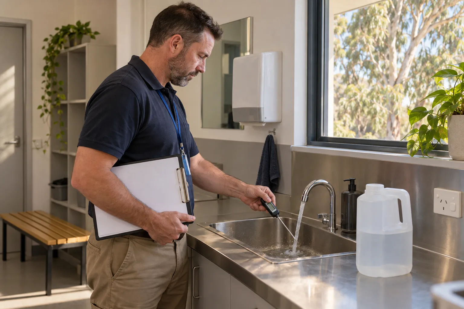 A maintenance officer checking the water temperature at a hand basin with a probe thermometer and a jug beside it.