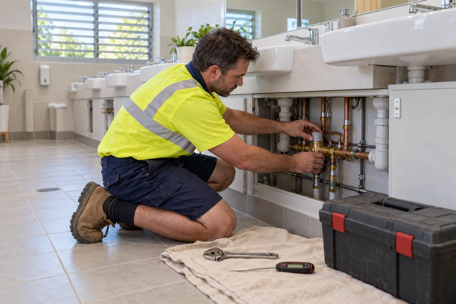 A plumber adjusting a valve behind an access panel under the basins of a bright care facility bathroom.
