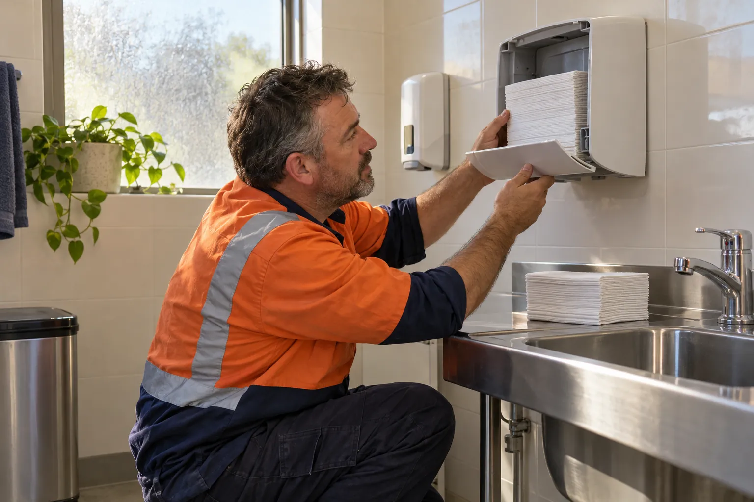 A cleaning supervisor in a hi-vis work shirt restocking an open paper towel dispenser beside a stainless steel basin in a sunlit staff amenities room.