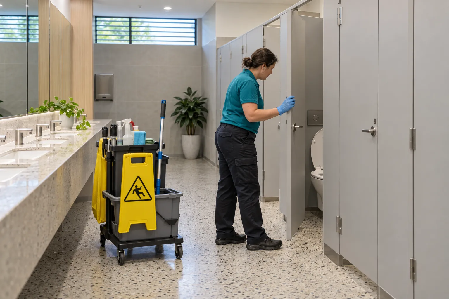 A cleaner in gloves checking an open cubicle in a shopping centre amenities room, with her cleaning trolley and a folded wet floor sign beside her.