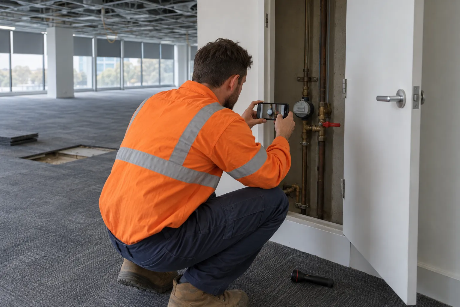 A technician crouching at an open cupboard in an empty office floor, photographing the water meter and valve with his phone.