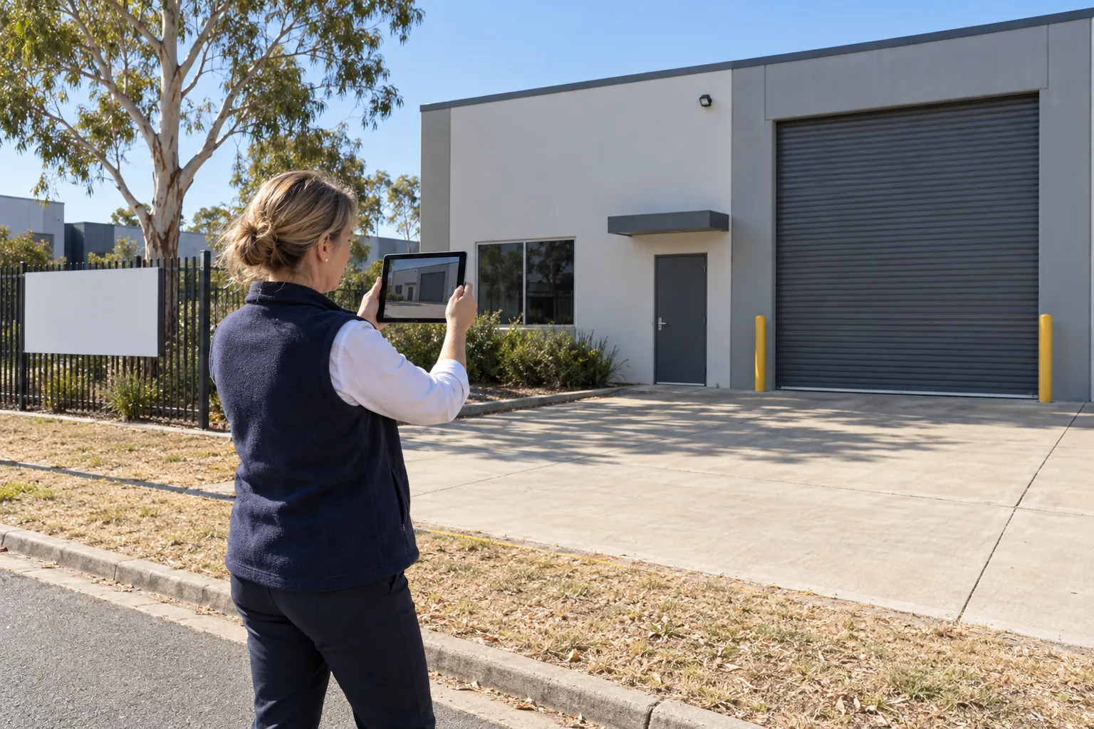 A property manager photographing the front of an empty light-industrial unit from the footpath.