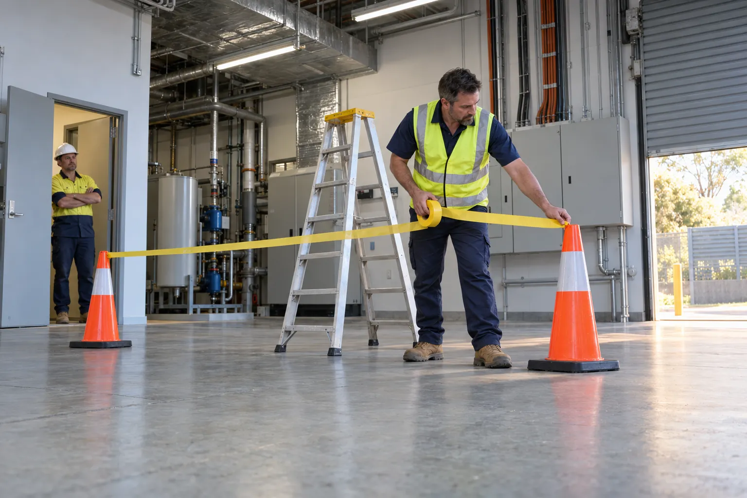 A facilities officer taping off a stepladder with barrier tape between two cones in an office building plant room.
