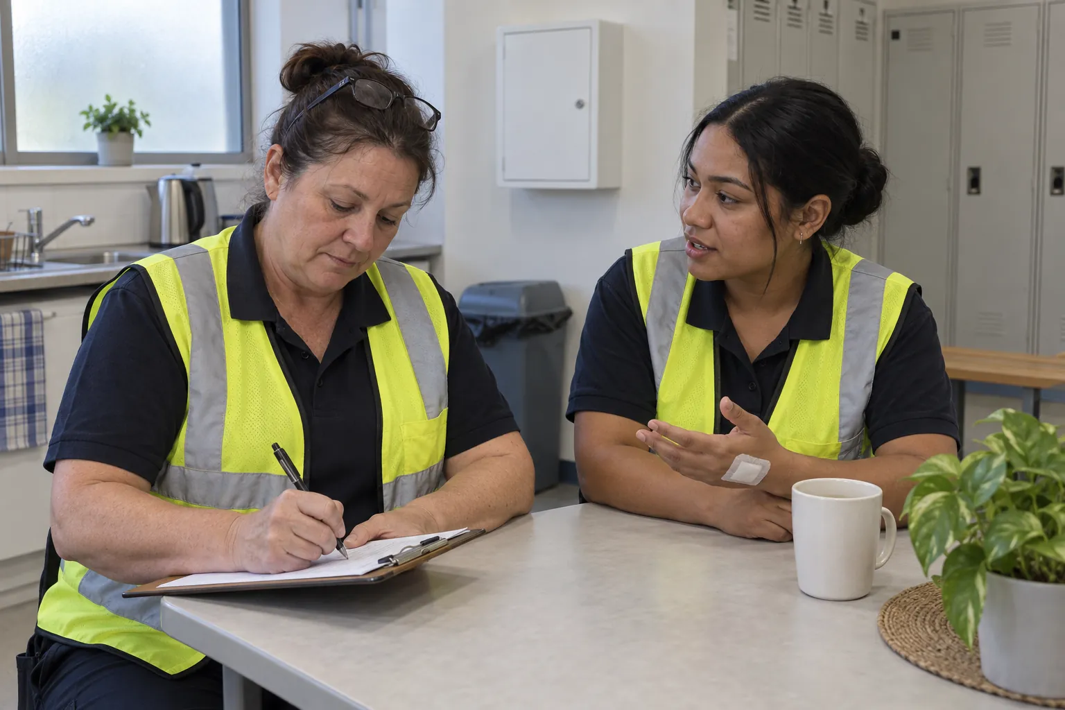 A cleaning supervisor writing on a clipboard while a cleaner with a dressed hand explains what happened in a staff room.