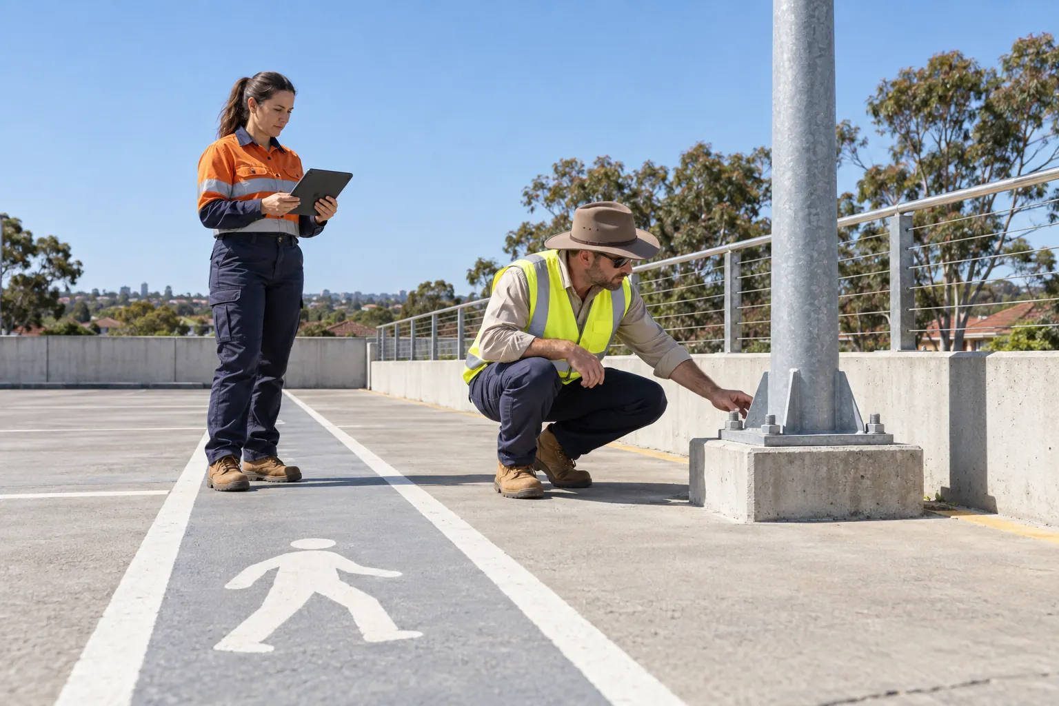 A supervisor and a maintenance worker inspecting a walkway and light pole on a car park rooftop.