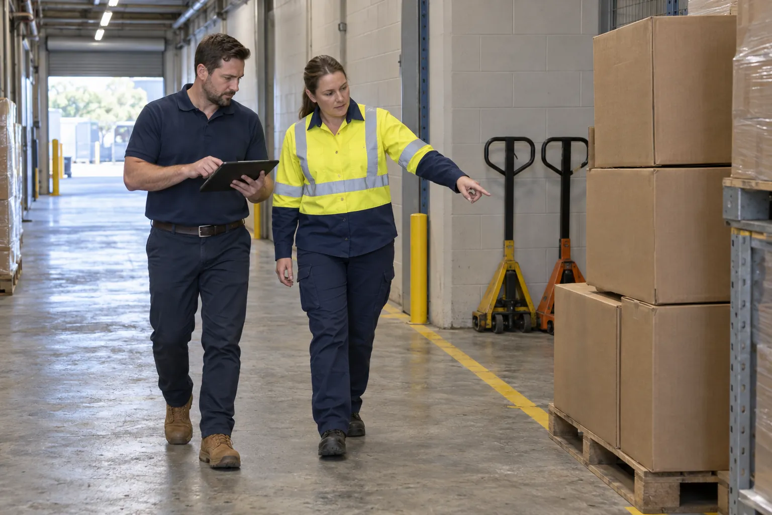 A facility manager and a safety representative noting cartons stacked over a walkway line in a shopping centre service corridor.