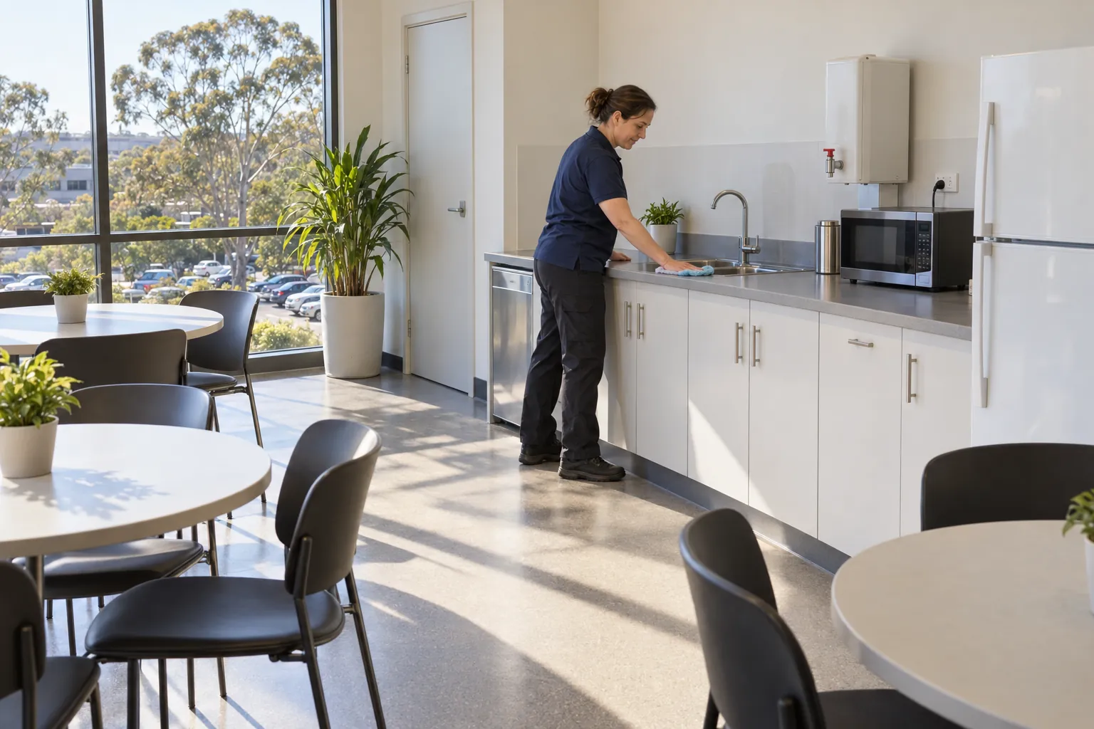 A cleaner wiping down the bench of a staff lunchroom beside a sink, microwave and fridge.