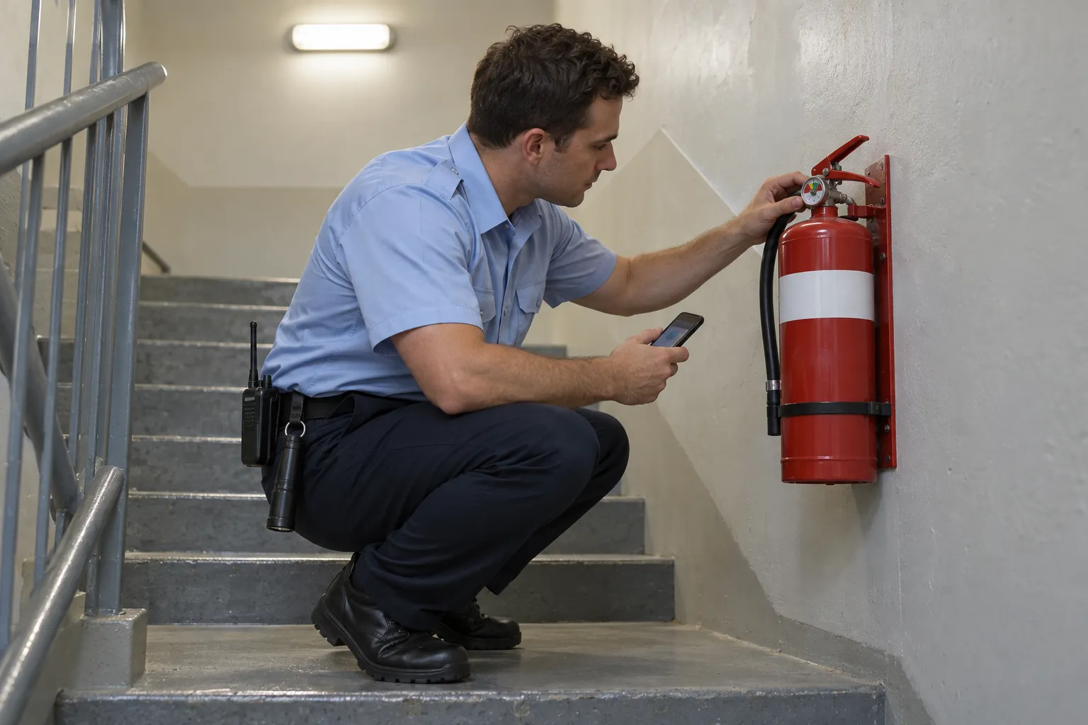 A security officer checking an extinguisher gauge on a fire stair landing.
