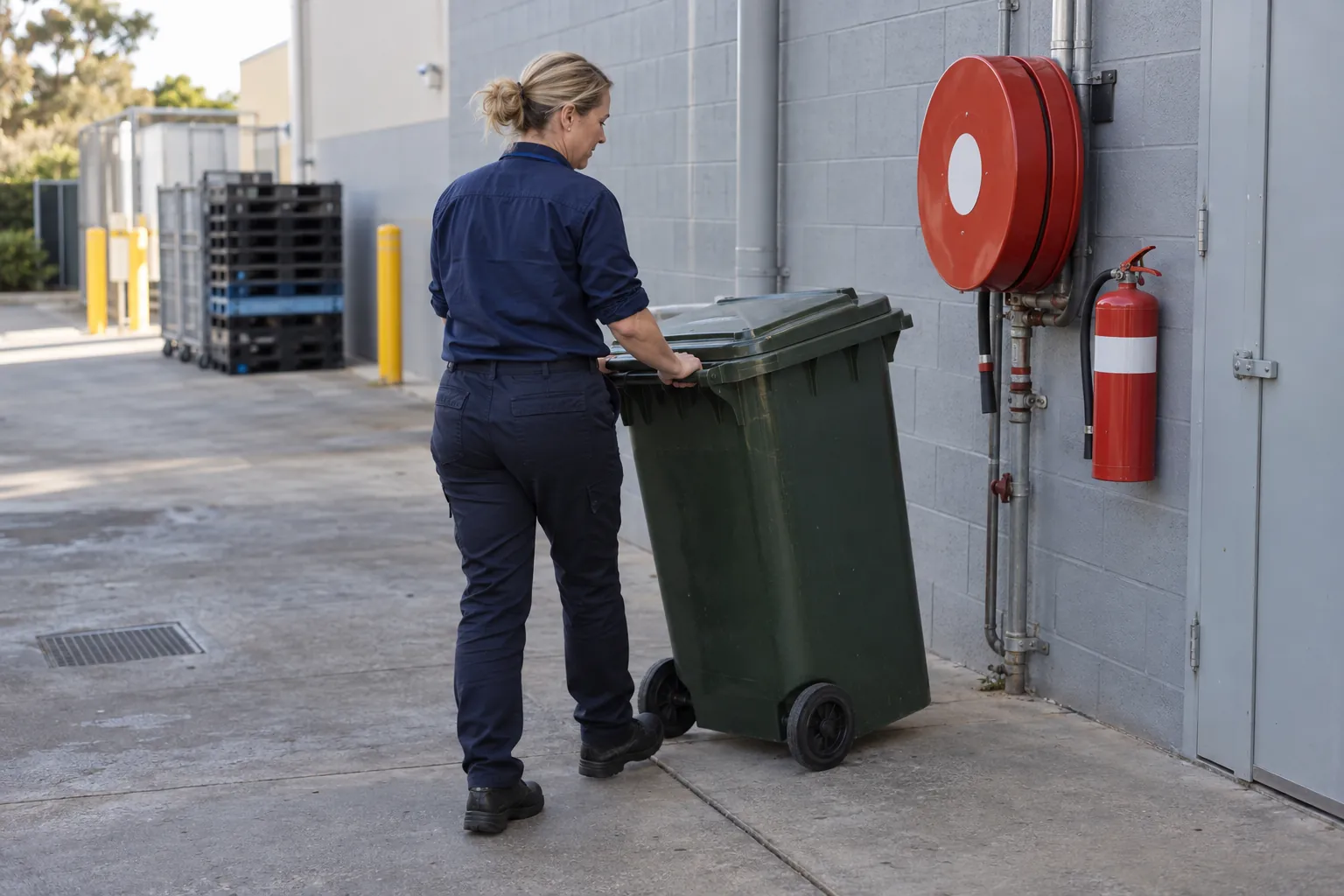 A facility manager wheeling a stray bin clear of the exit path behind a shopping centre loading area.