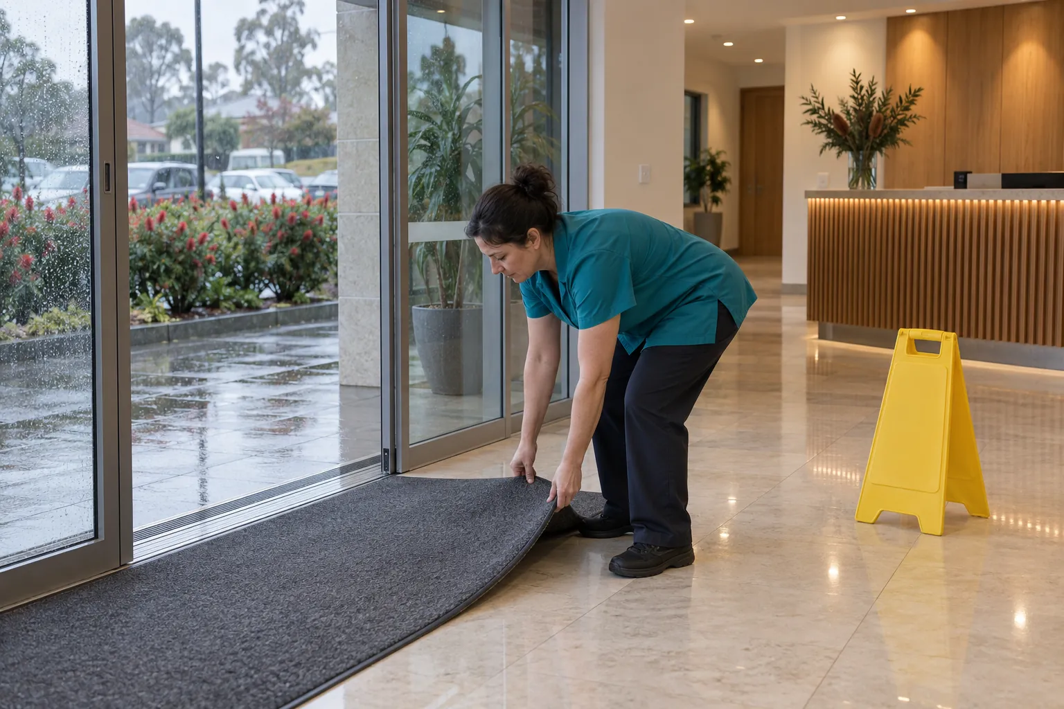 A cleaner straightening an entry mat beside a wet floor sign in an office lobby on a rainy morning.