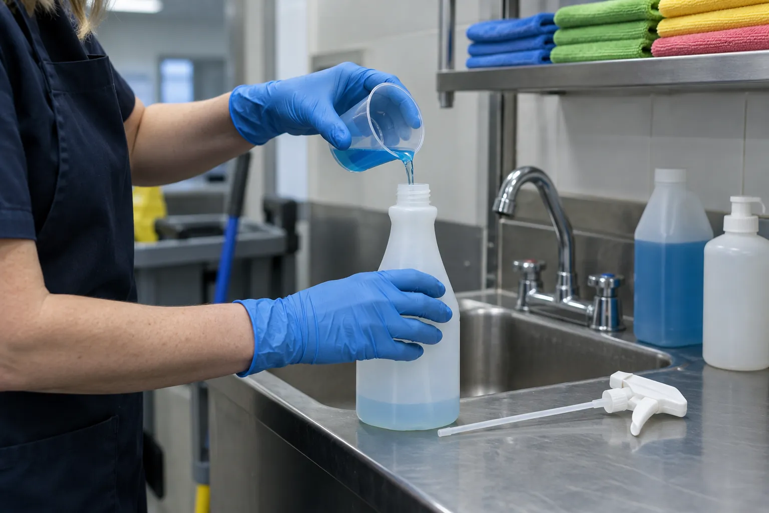 Gloved hands measuring cleaning solution into a spray bottle at a utility sink.