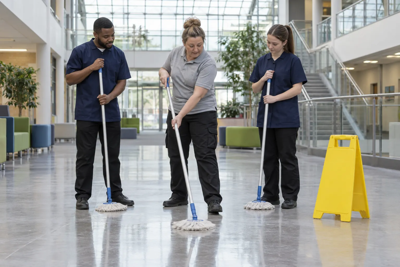 A trainer demonstrating a mopping technique to two new cleaners in a college atrium.