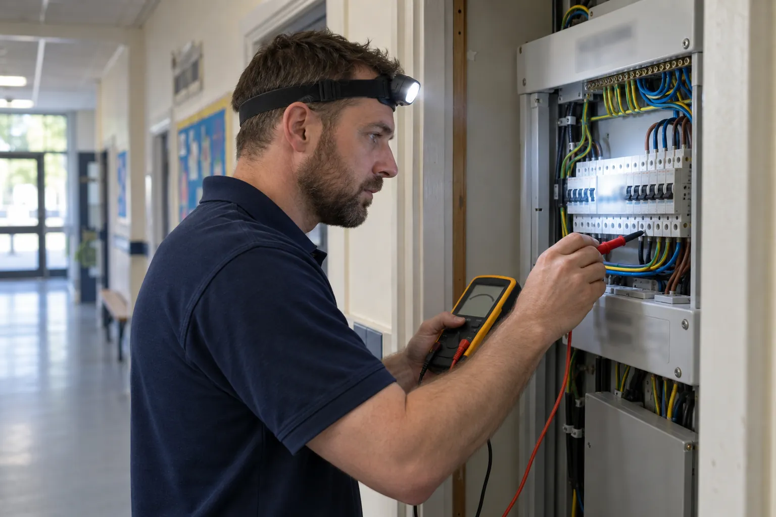 An electrician testing an open distribution board in a school cupboard.