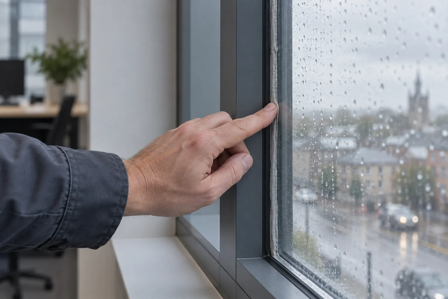 A hand checking the sealant around an office window on a rainy day.