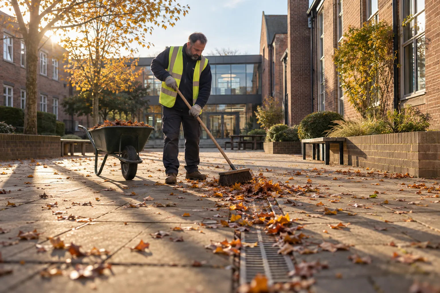 A caretaker clearing leaves from a drain in a college courtyard in autumn.