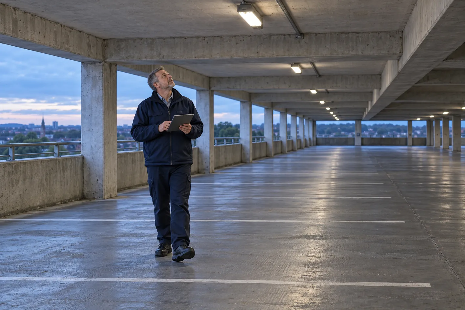 A building manager walking a level of a multi-storey car park with a tablet.